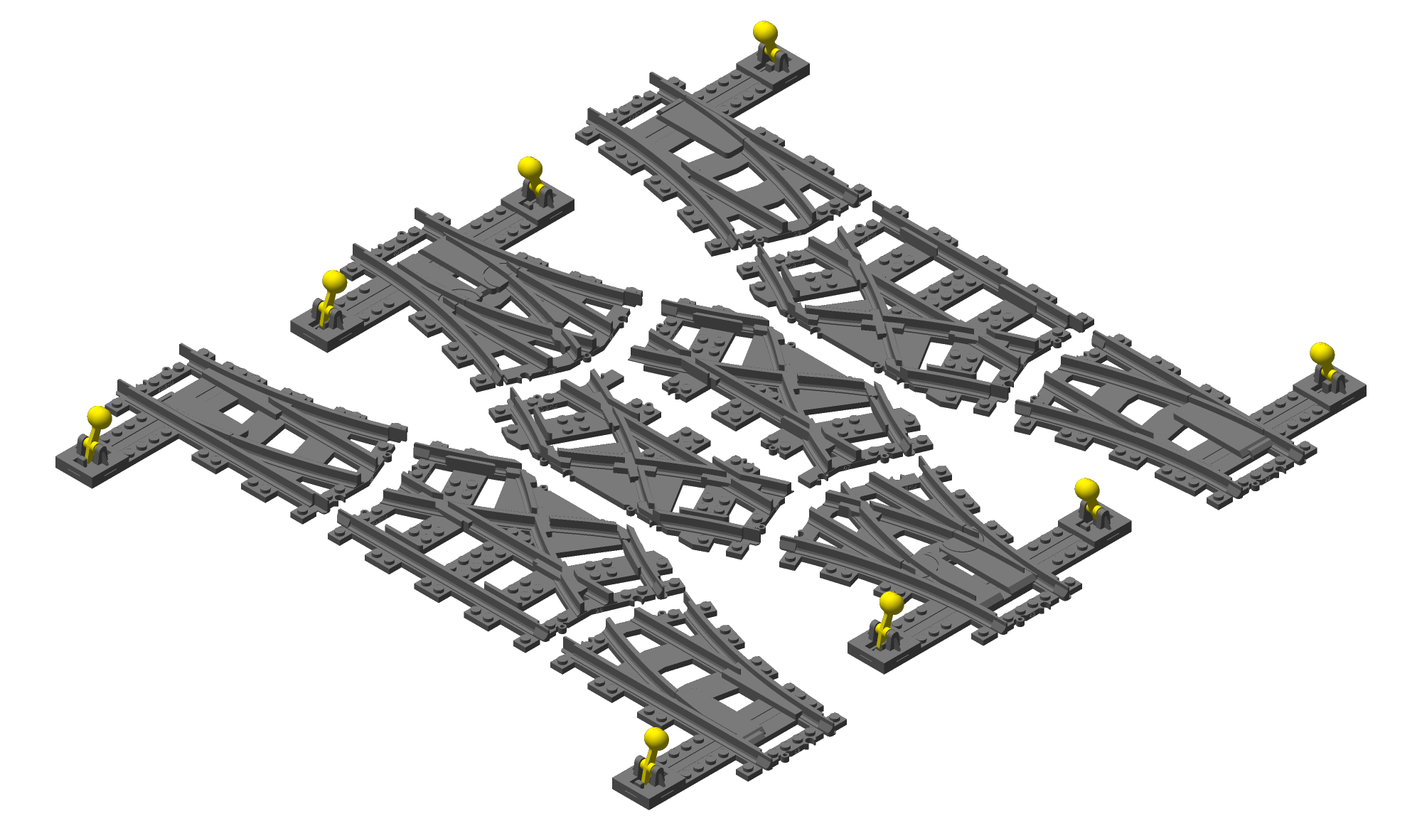 4DBrix 3D printed LEGO compatible double cross over, 3 track version of LEGO 7996.